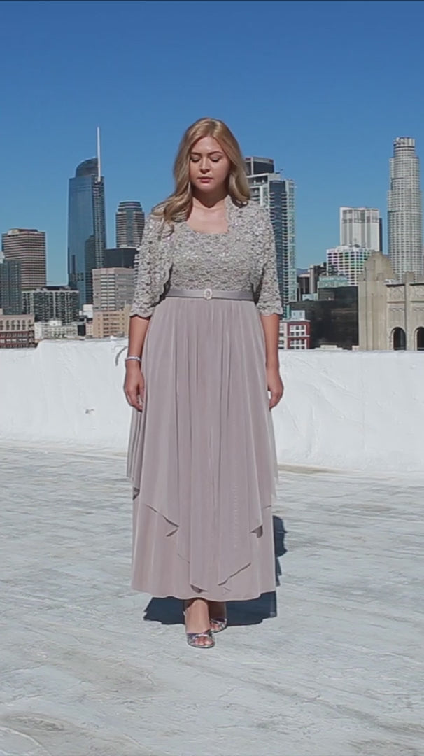 Plus size mother of the bride dress with sequin bodice and lace jacket, elegant and flattering in Champagne color.