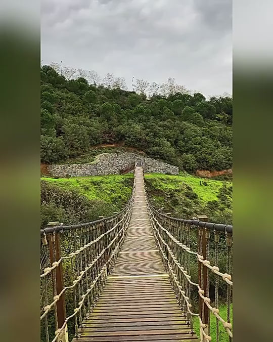 a wooden bridge that is going over a grassy hill