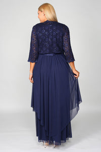 Back view of plus-size Mother of the Bride dress featuring a lace jacket and flowing navy gown.