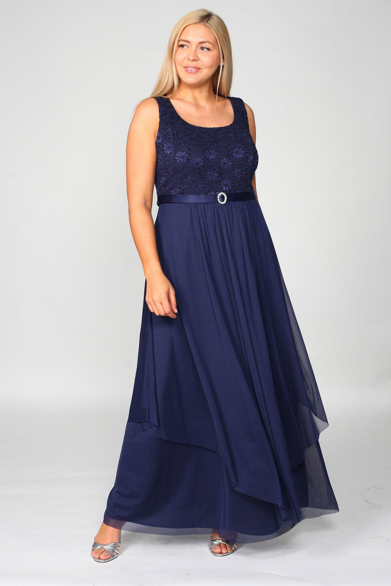Plus size long formal Mother of the Bride navy jacket dress with sequins and soft flowing skirt.