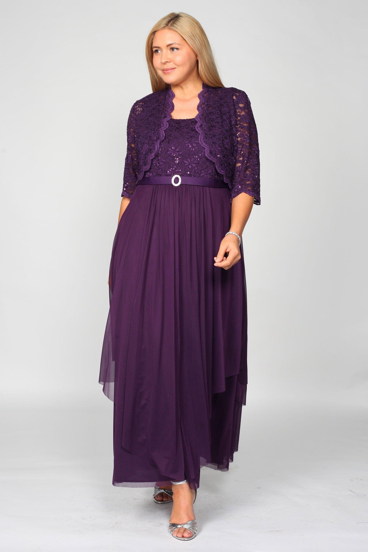 Plus size long formal Mother of the Bride dress with lace jacket in Eggplant color and sheer sleeves.