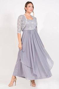 Plus size long formal mother of the bride dress with sequin bodice and lace jacket in soft grey.