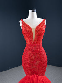 Red Sky At Night Handmade Deep V Beading Dress DRESSES Luxurious Weddings