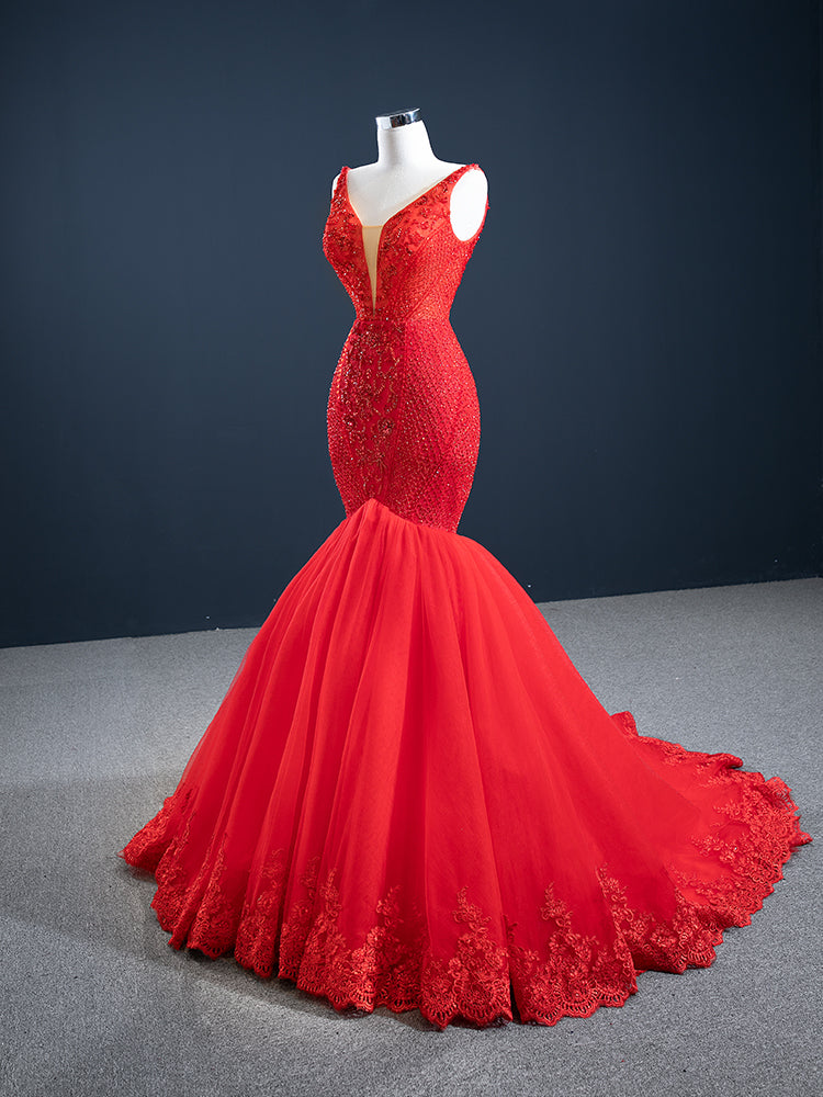 Red Sky At Night Handmade Deep V Beading Dress DRESSES Luxurious Weddings