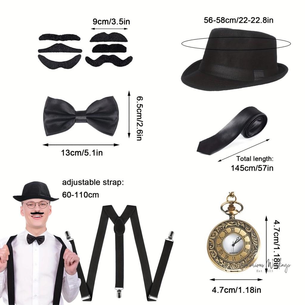 Roaring Twenties Gatsby Costume Set for Men - 6 Piece Black Party Ensemble - Luxurious Weddings