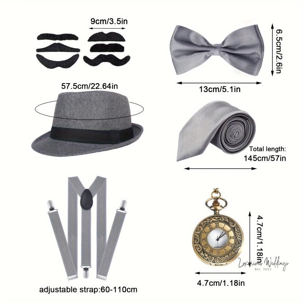 Roaring Twenties Gatsby Costume Set for Men - 6 Piece Black Party Ensemble - Luxurious Weddings
