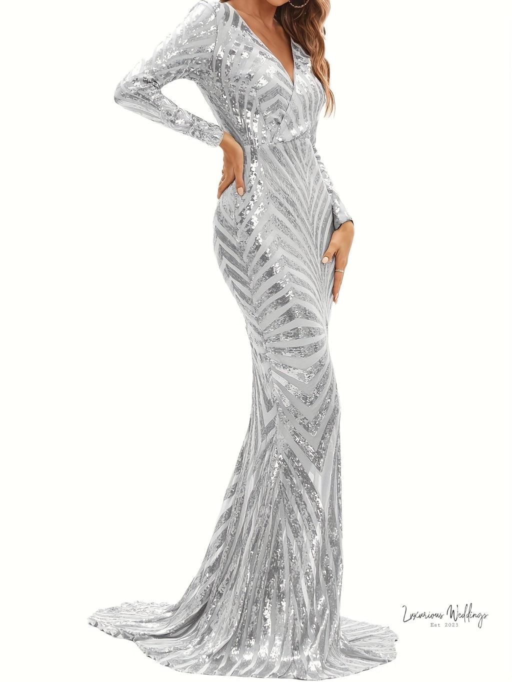 Sparkling V-neck Mermaid Dress - Long Sleeve Party & Banquet Attire - Luxurious Weddings