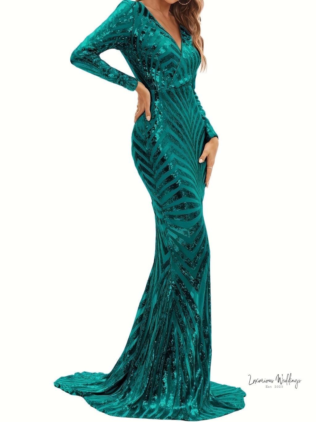 Sparkling V-neck Mermaid Dress - Long Sleeve Party & Banquet Attire Luxurious Weddings