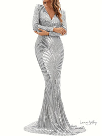 Sparkling V-neck Mermaid Dress - Long Sleeve Party & Banquet Attire Gatsby Gown Luxurious Weddings Bridesmaid Dresses, Evening Dresses, Cocktail Dresses, Maxi Dresses, Summer Dresses, Dinner Dress, Special Occasion Dress, Custom Dress, Made-to-Order Dress