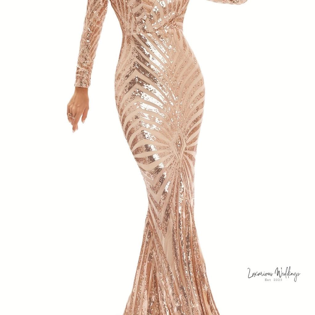 Sparkling V-neck Mermaid Dress - Long Sleeve Party & Banquet Attire Luxurious Weddings