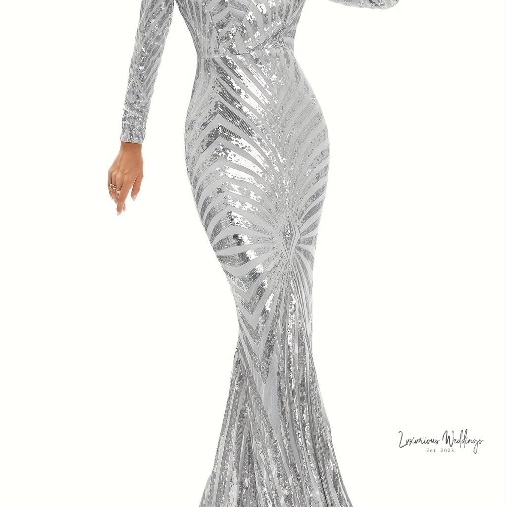 Sparkling V-neck Mermaid Dress - Long Sleeve Party & Banquet Attire Luxurious Weddings