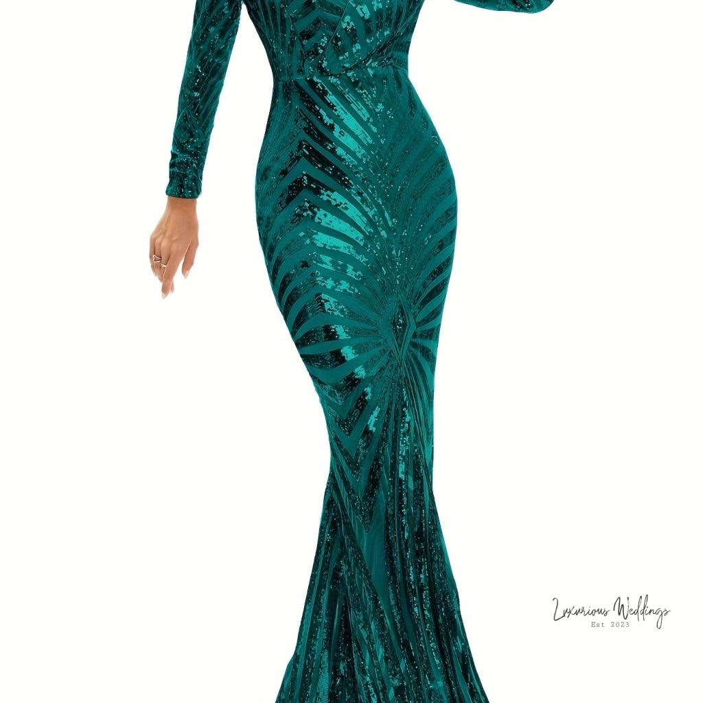 Sparkling V-neck Mermaid Dress - Long Sleeve Party & Banquet Attire Luxurious Weddings