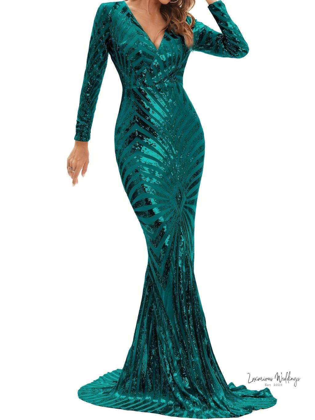 Sparkling V-neck Mermaid Dress - Long Sleeve Party & Banquet Attire - Luxurious Weddings