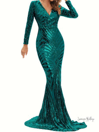 Sparkling V-neck Mermaid Dress - Long Sleeve Party & Banquet Attire Gatsby Gown Luxurious Weddings Bridesmaid Dresses, Evening Dresses, Cocktail Dresses, Maxi Dresses, Summer Dresses, Dinner Dress, Special Occasion Dress, Custom Dress, Made-to-Order Dress