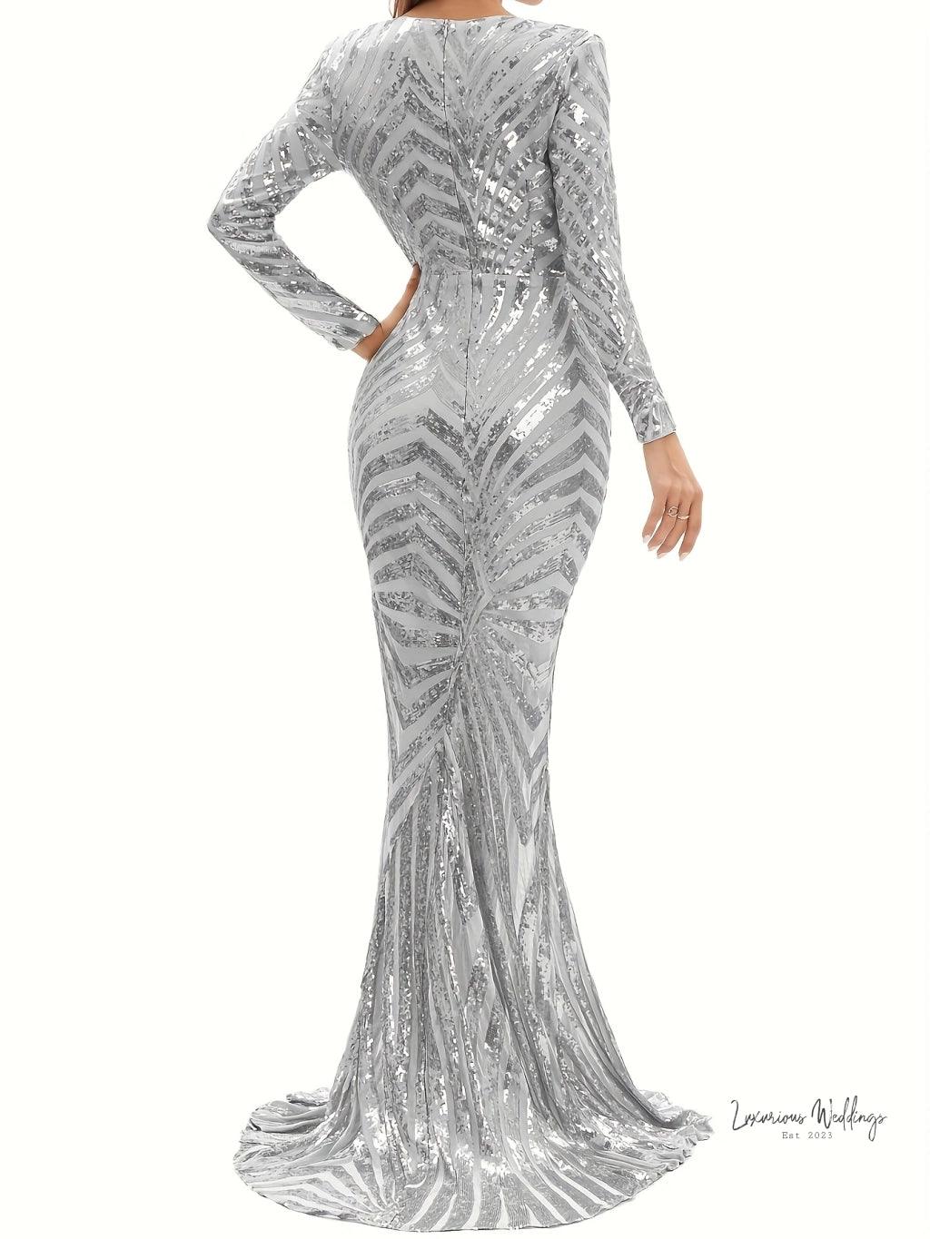 Sparkling V-neck Mermaid Dress - Long Sleeve Party & Banquet Attire - Luxurious Weddings