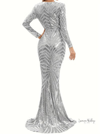 Sparkling V-neck Mermaid Dress - Long Sleeve Party & Banquet Attire Gatsby Gown Luxurious Weddings Bridesmaid Dresses, Evening Dresses, Cocktail Dresses, Maxi Dresses, Summer Dresses, Dinner Dress, Special Occasion Dress, Custom Dress, Made-to-Order Dress