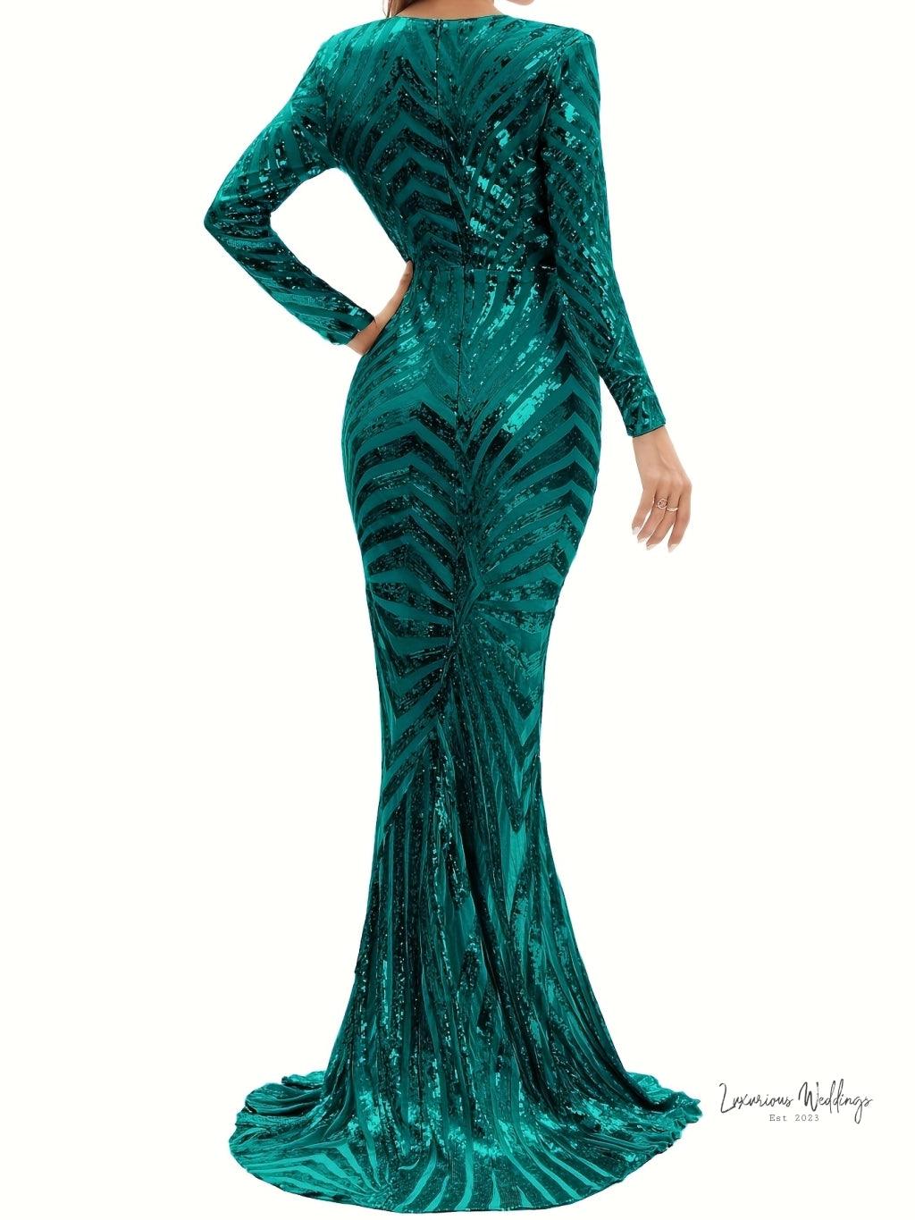 Sparkling V-neck Mermaid Dress - Long Sleeve Party & Banquet Attire - Luxurious Weddings