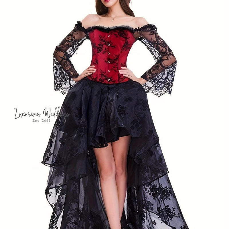 Steampunk Lace Corset Dress Set - Off Shoulder High Low Skirt Corset Dress Luxurious Weddings