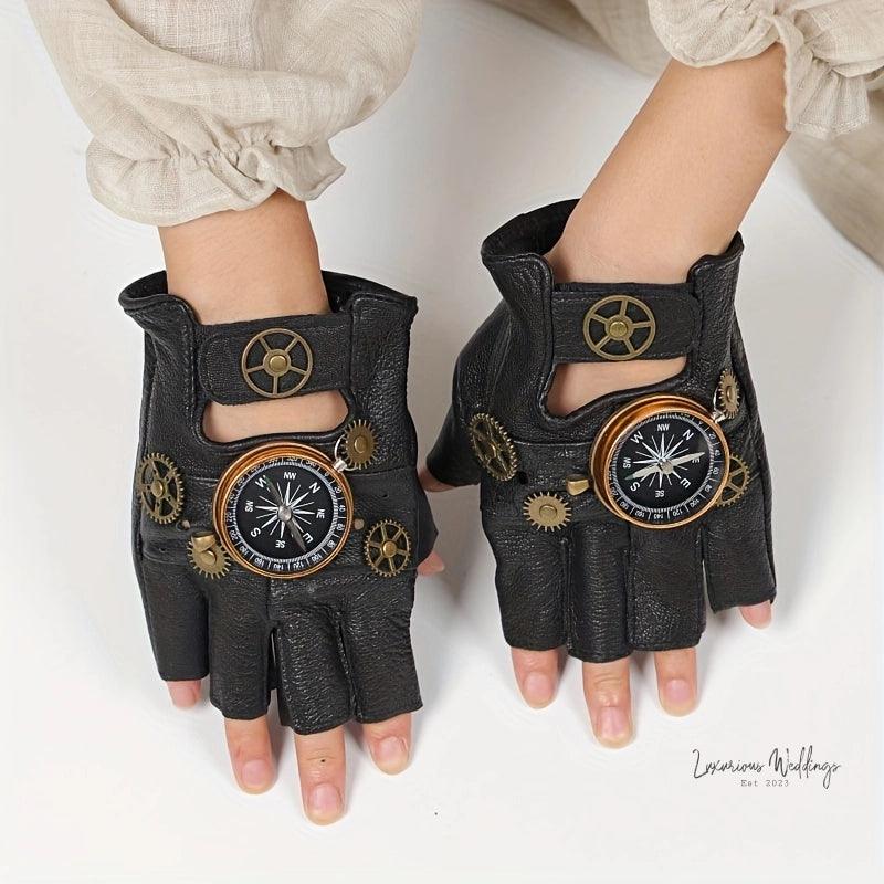 Steampunk Leather Fingerless Gloves - Halloween Compass Gear Design Gloves Luxurious Weddings