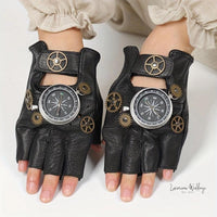 Steampunk Leather Fingerless Gloves - Halloween Compass Gear Design - Luxurious Weddings