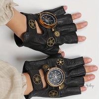 Steampunk Leather Fingerless Gloves - Halloween Compass Gear Design - Luxurious Weddings