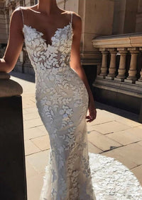 Open Back Leaves Lace Chapel Mermaid Wedding Dress Mermaid Gown Luxurious Weddings