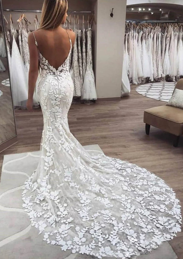 Open Back Leaves Lace Chapel Mermaid Wedding Dress Mermaid Gown Luxurious Weddings