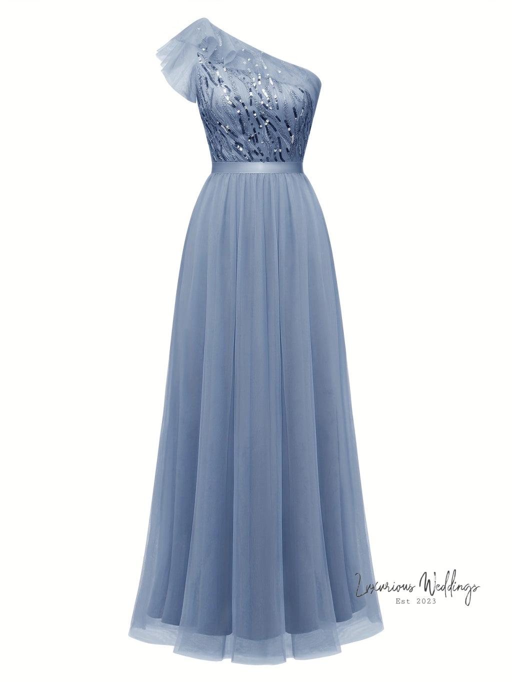 Stunning One-Shoulder Sequin Dress for Weddings - Women's A-Line Flutter Sleeve - Luxurious Weddings