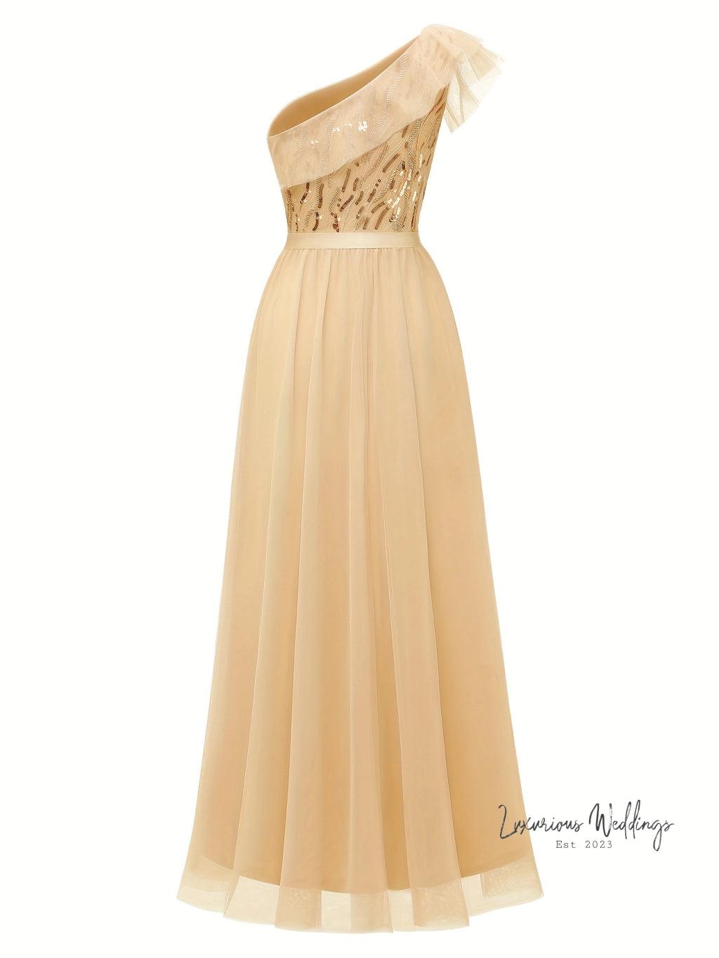 Stunning One-Shoulder Sequin Dress for Weddings - Women's A-Line Flutter Sleeve - Luxurious Weddings