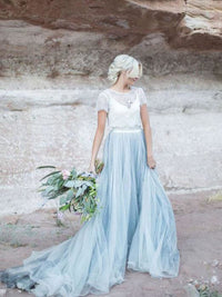 Two Piece Ivory Lace Dusty Blue Tulle Wedding Party Dress Wedding Dress Luxurious Weddings