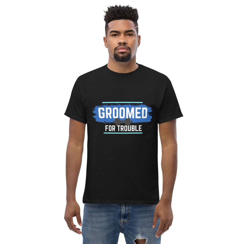 GROOMED FOR TROUBLE Bacherlor Party Novelty Classic Tee Tshirts Luxurious Weddings