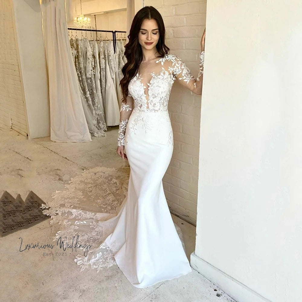 2024 Elegant Lace Mermaid Wedding Dress - Long Sleeve, Ivory, Illusion Back, Lace Appliques Luxurious Weddings