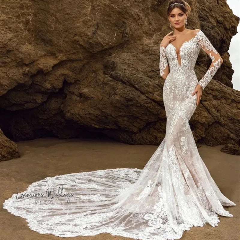 Stunning Deep V-Neck Mermaid Wedding Dress with Lace Appliques - Customizable and Fast Shipping Luxurious Weddings