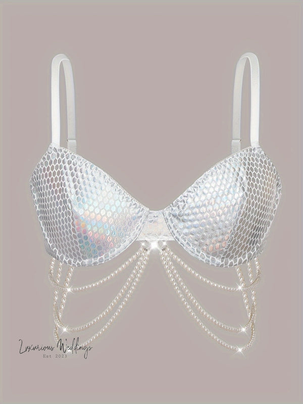 Shiny Geo Pattern Bra with Faux Pearl Chain Detail Luxurious Weddings