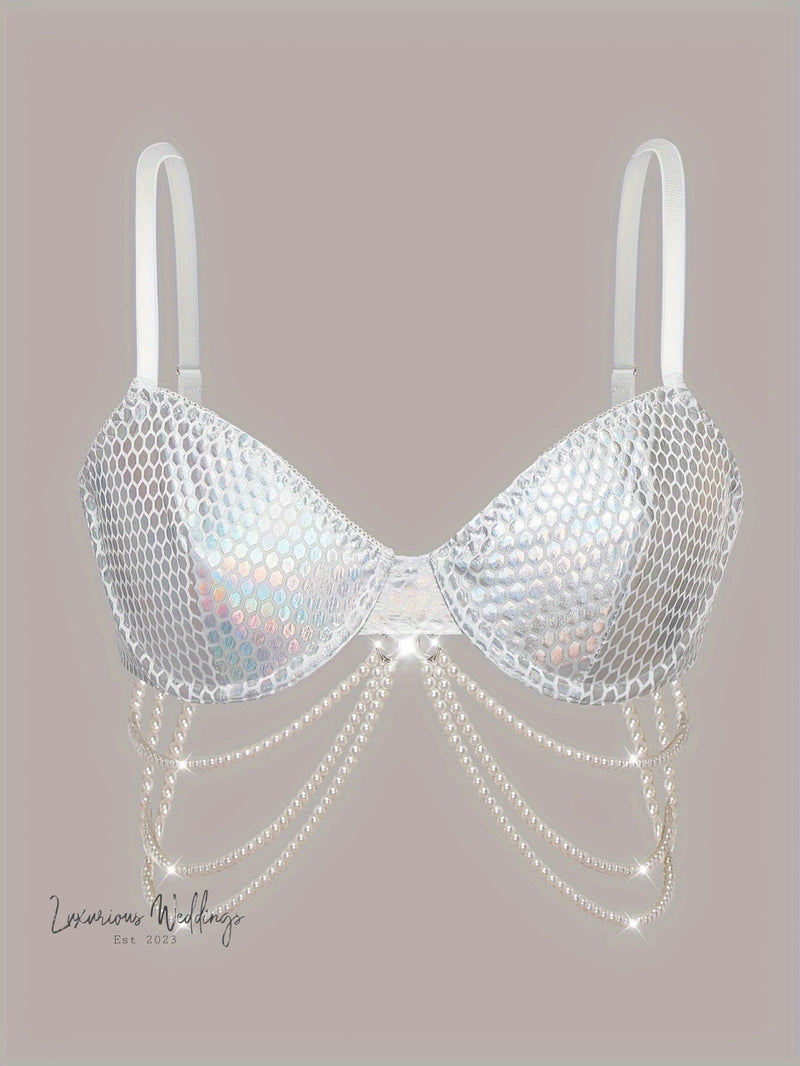 Shiny Geo Pattern Bra with Faux Pearl Chain Sequin bra Luxurious Weddings