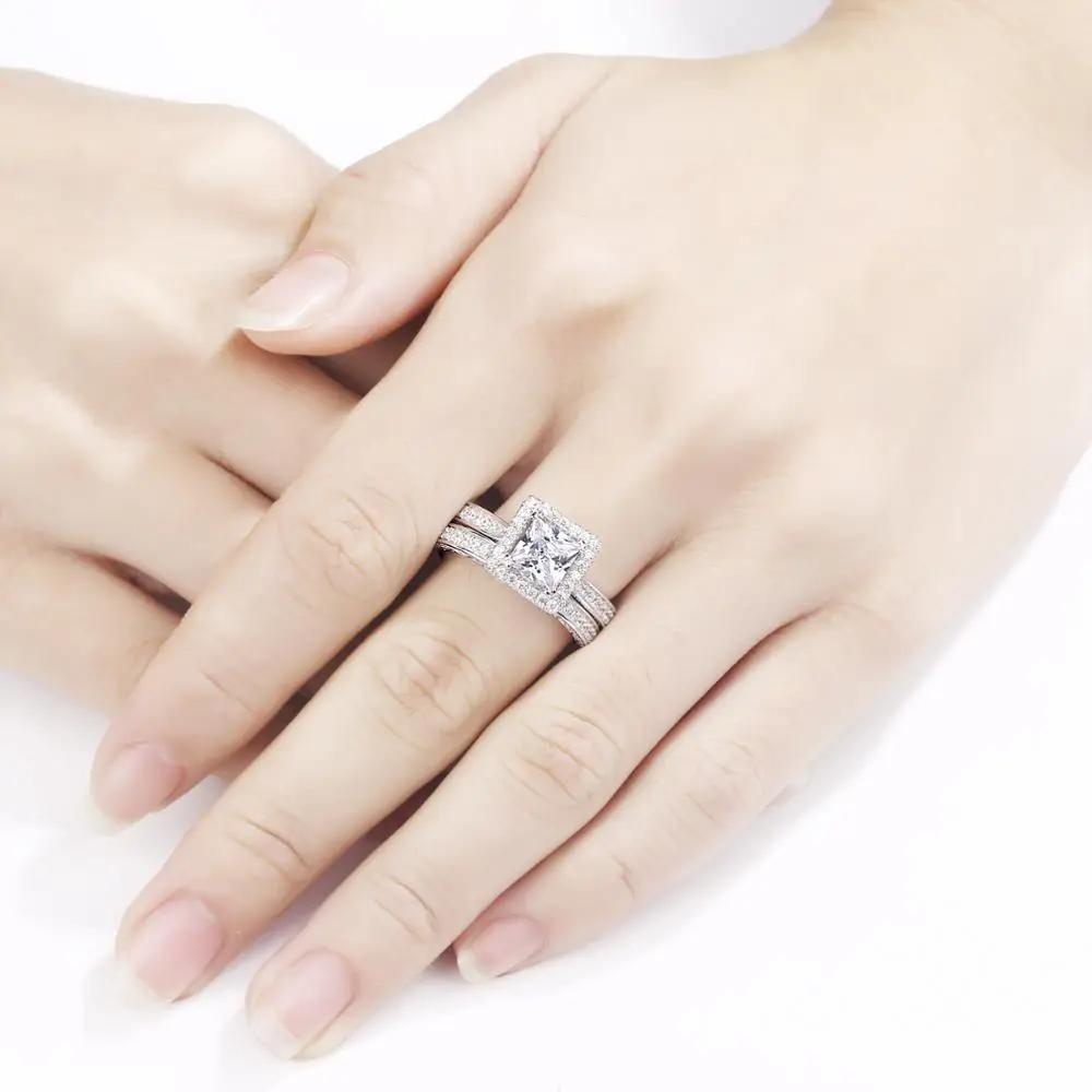 2 Piece Wedding Ring Set Princess Cut AAAAA CZ 925 Sterling Silver Engagement Rings - Luxurious Weddings