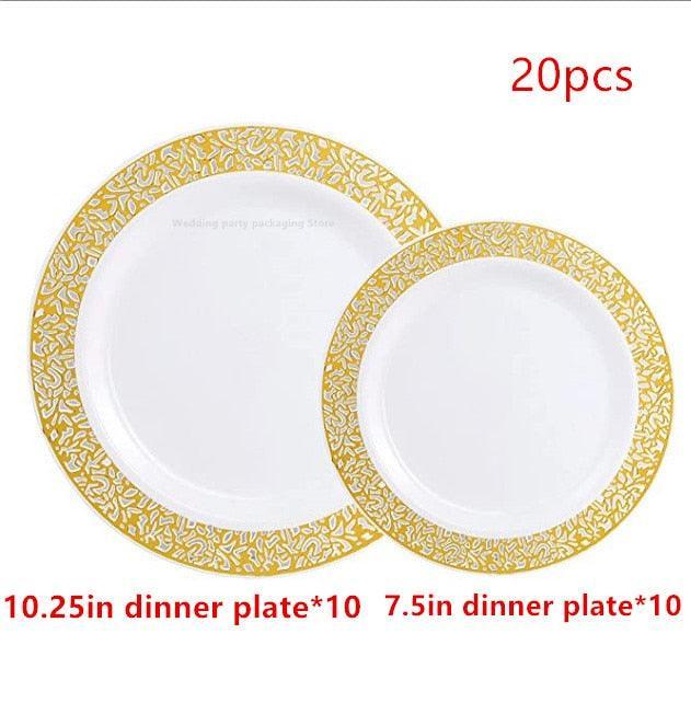 20-Piece Disposable Tableware Golden Mesh Square Plastic Plate 7.5 Inch and 10.25 Inch Elegant Fancy Heavy Duty Wedding Plate - Luxurious Weddings