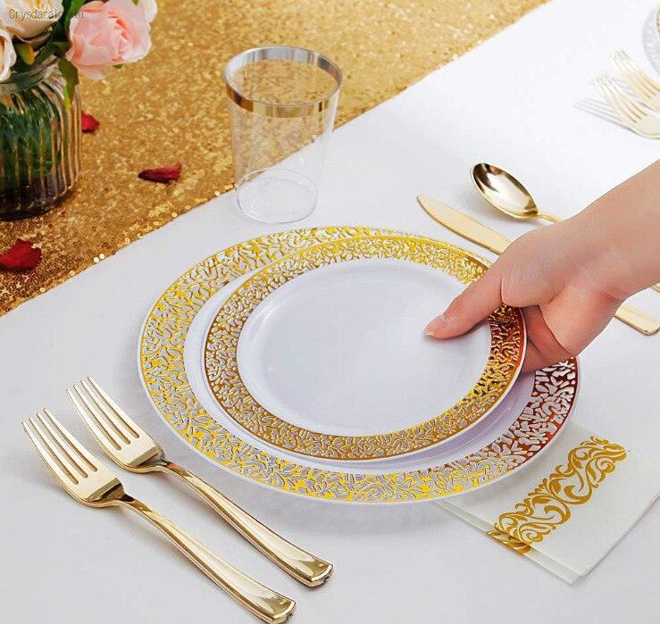 20-Piece Disposable Tableware Golden Mesh Square Plastic Plate 7.5 Inch and 10.25 Inch Elegant Fancy Heavy Duty Wedding Plate - Luxurious Weddings