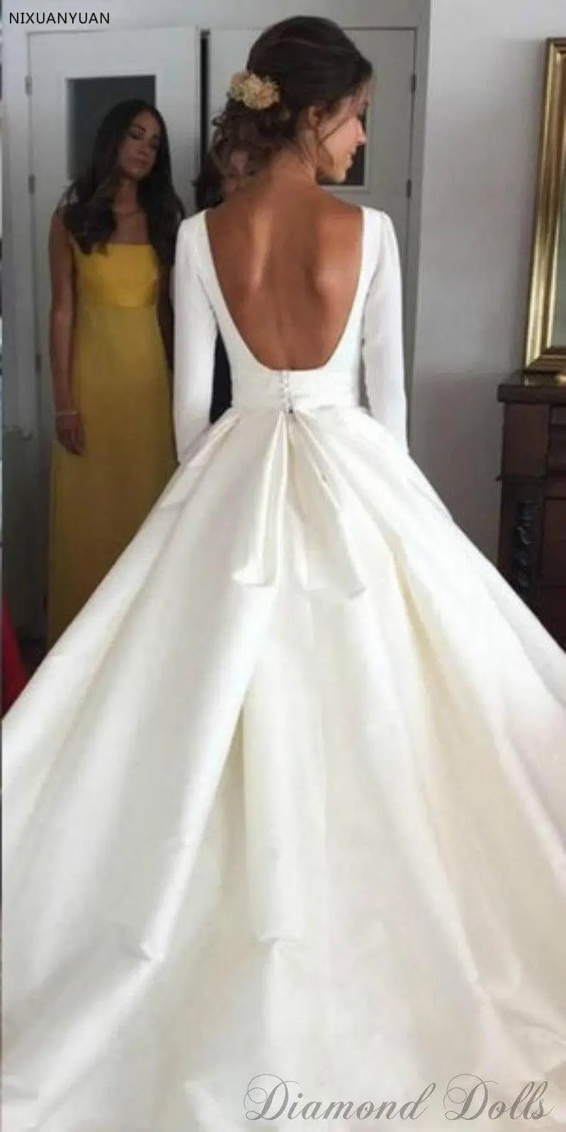 2022 Backless Wedding Dresses Bll Gown Vintage Scoop Long Sleeves Satin Bridal Gown Open Back - Luxurious Weddings