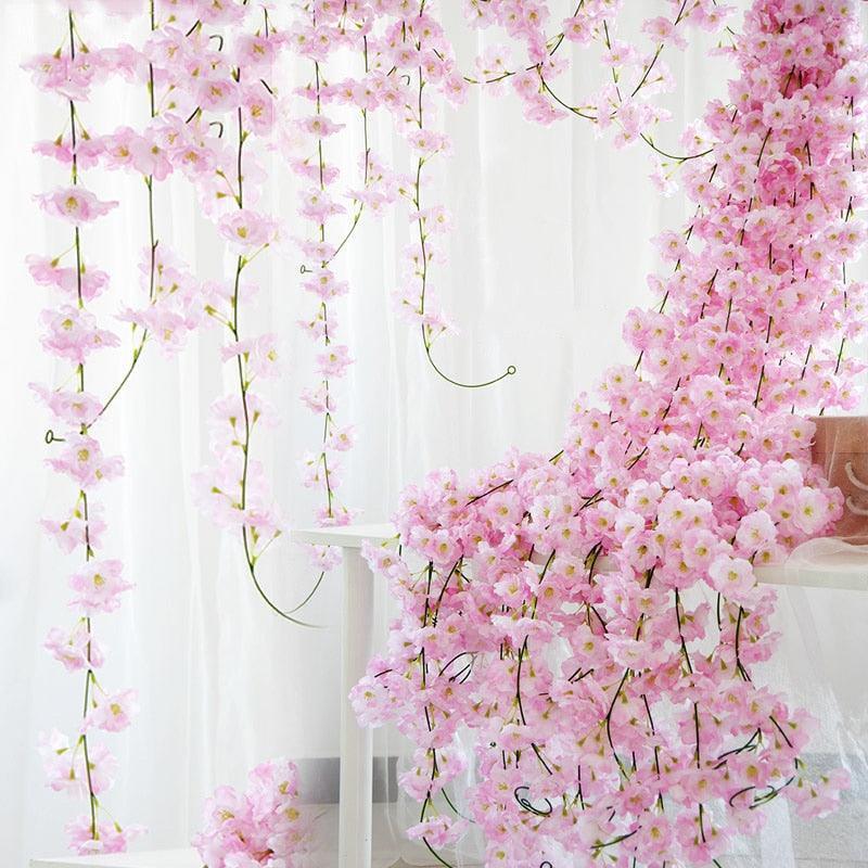 230cm Pink Cherry Blossom Silk Artificial Vine Artificial Flowers Luxurious Weddings