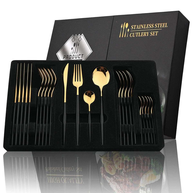 24Pcs Black Handle Golden Cutlery Set Knife Set Luxurious Weddings