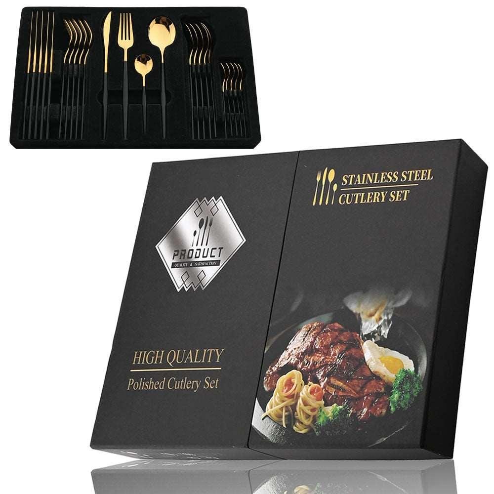 24Pcs Black Handle Golden Cutlery Set - Luxurious Weddings