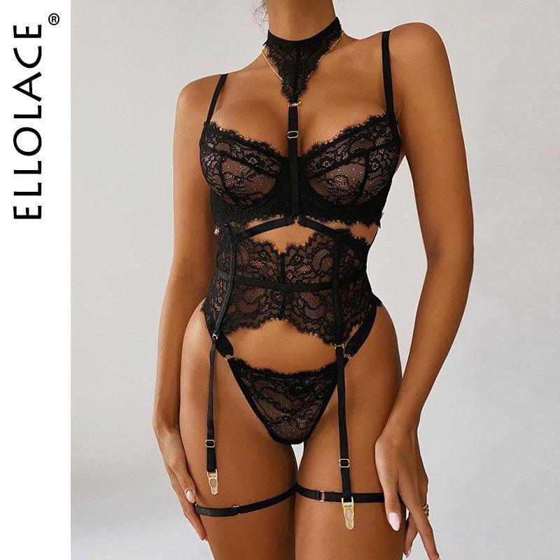 3-Piece Transparent Bra Lace Suit Sexy Garter Belt With Stockings - Luxurious Weddings