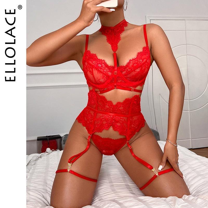 3-Piece Transparent Bra Lace Suit Sexy Garter Belt With Stockings - Luxurious Weddings