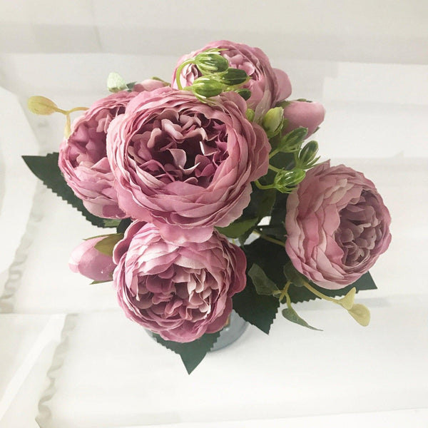 30cm Rose Pink Silk Peony Artificial Flowers Bouquet 5 Big Head and 4 Bud - Luxurious Weddings