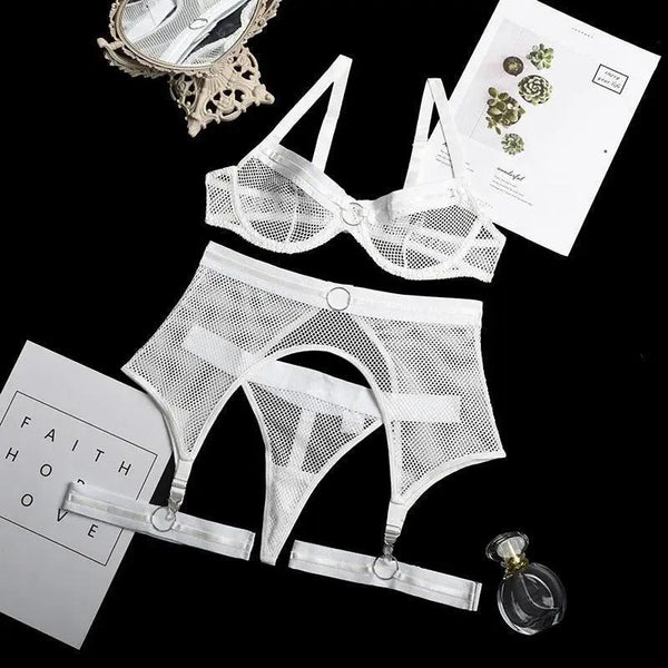 3Pce Mesh Underwear Set Bra Underwear, Garters - Luxurious Weddings