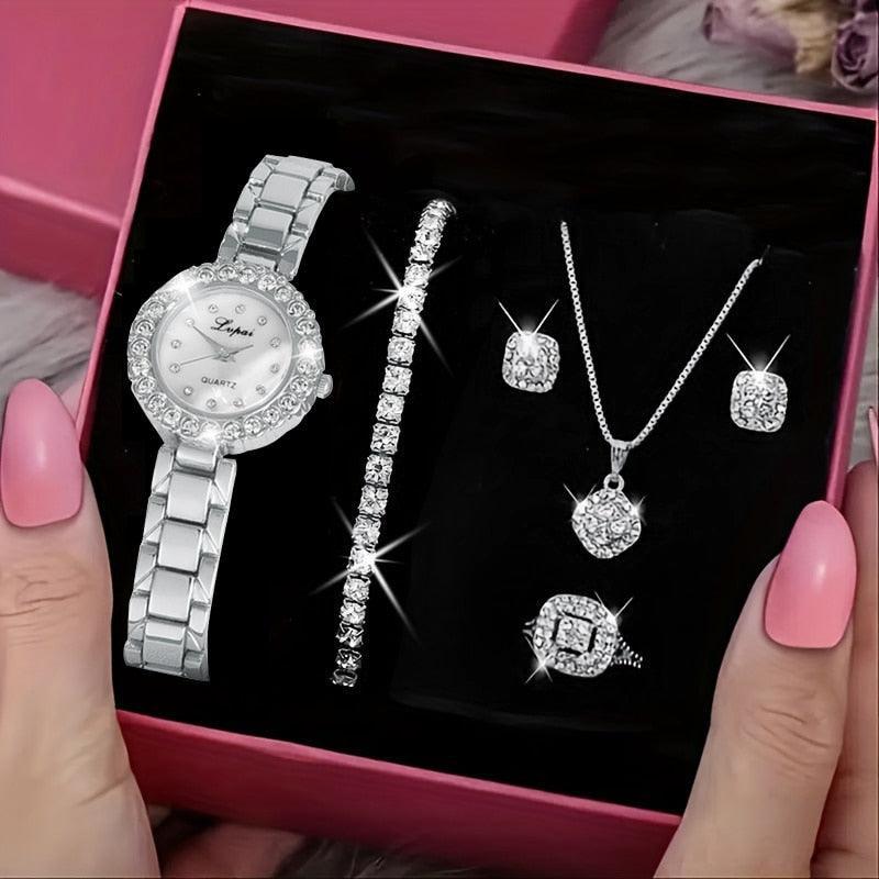 5PCS Womens Ring Necklace Earrings Rhinestone Wristwatch Set - Luxurious Weddings