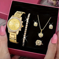 5PCS Womens Ring Necklace Earrings Rhinestone Wristwatch Set - Luxurious Weddings