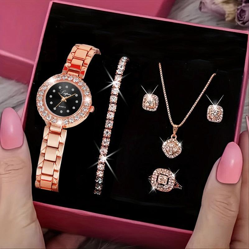 5PCS Womens Ring Necklace Earrings Rhinestone Wristwatch Set - Luxurious Weddings