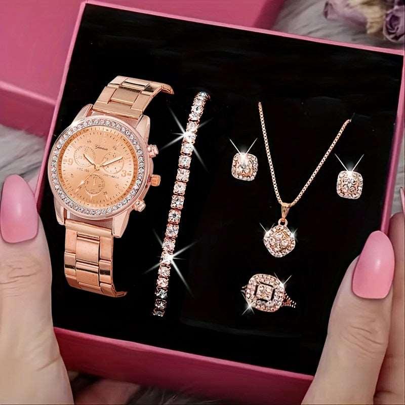 5PCS Womens Ring Necklace Earrings Rhinestone Wristwatch Set - Luxurious Weddings